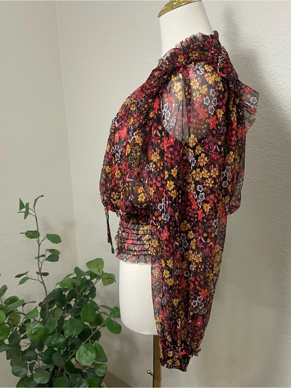 Free People Twyla Sheer Floral Mesh Smocked Blouse Ruffle Shoulder Size L